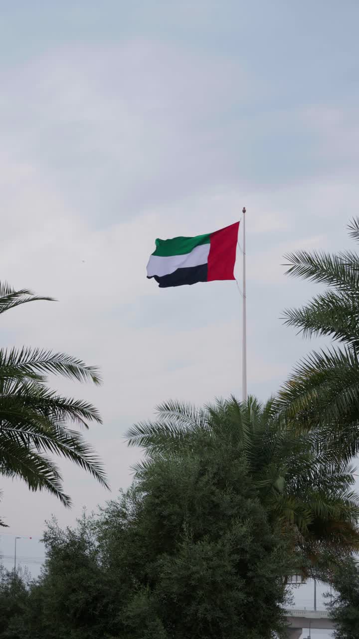 Establishing cinematic shot of the United Arab Emirates flag waving proudly in the wind against a clear sky, symbolizing patriotism, unity, and national identity