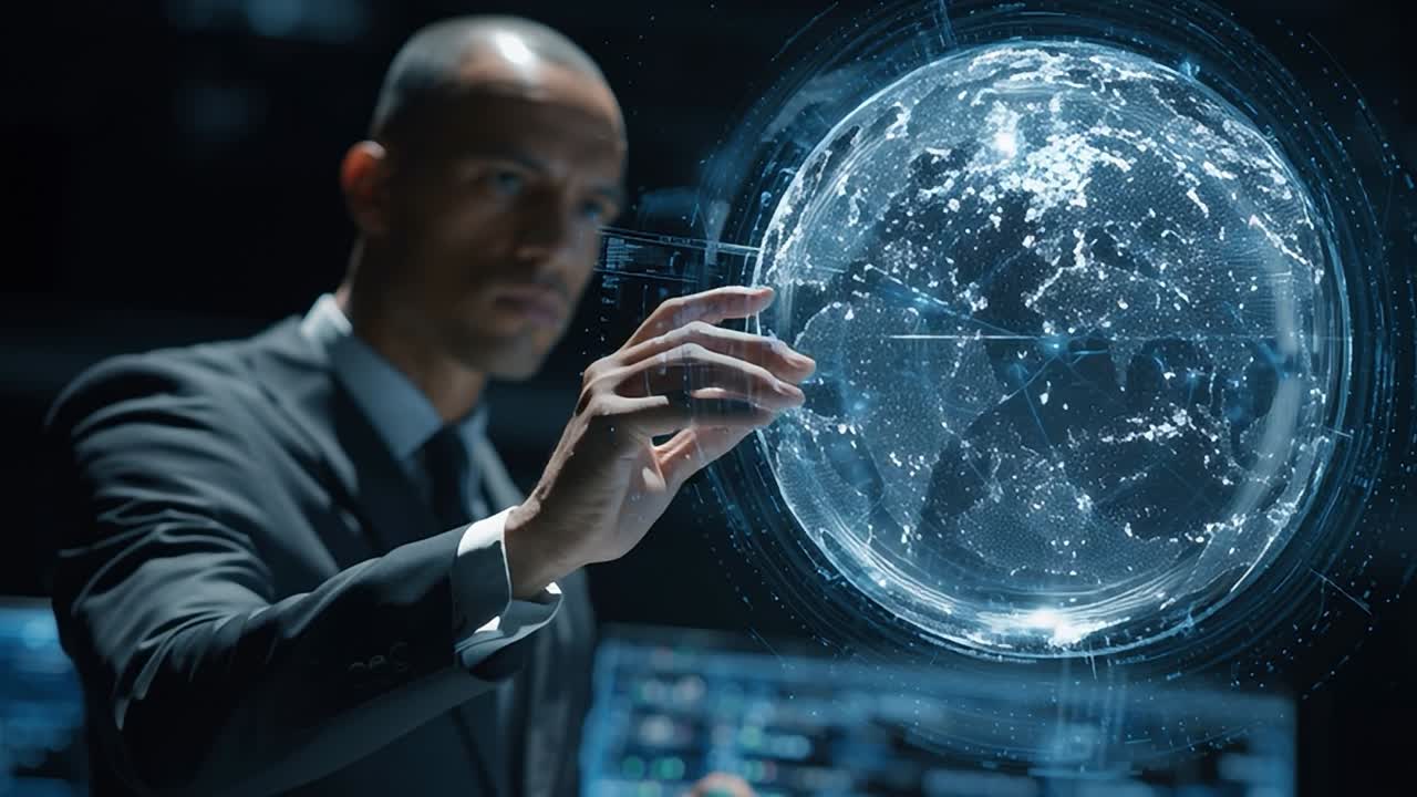 Business professional interacting with virtual globe in modern office