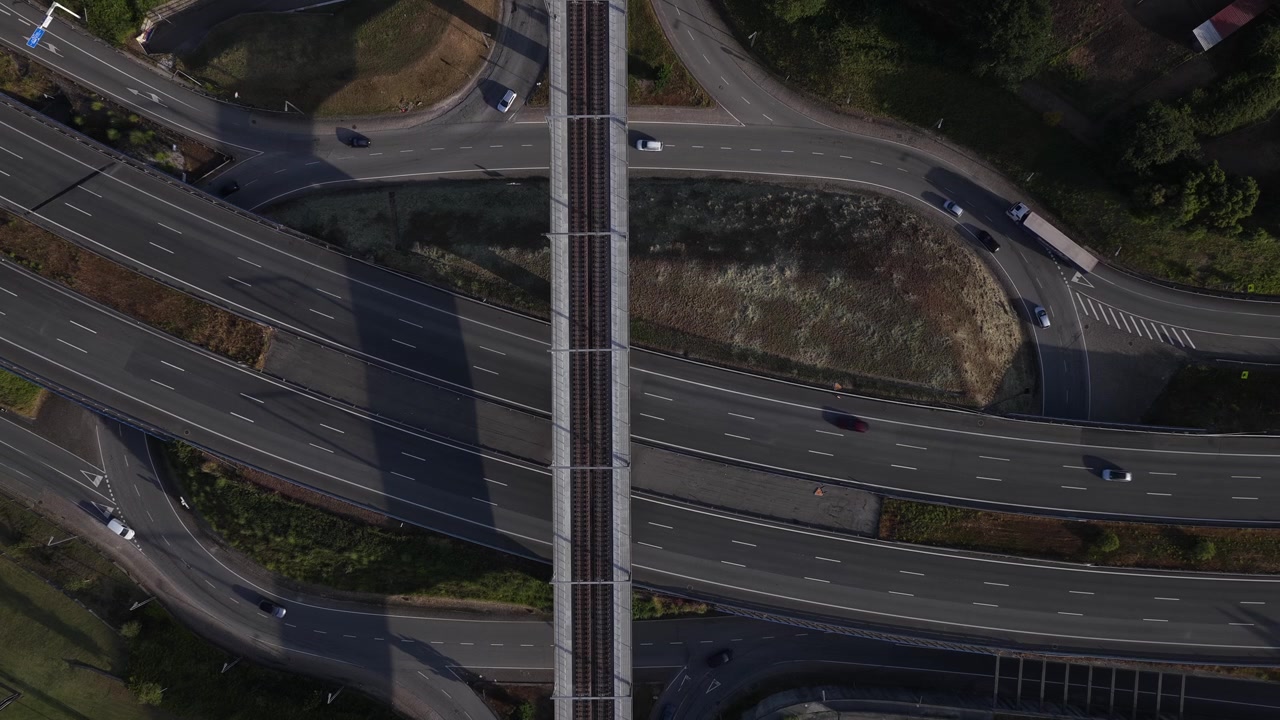 Drone Footage Urban Highway Interchange Peak Traffic Sunset