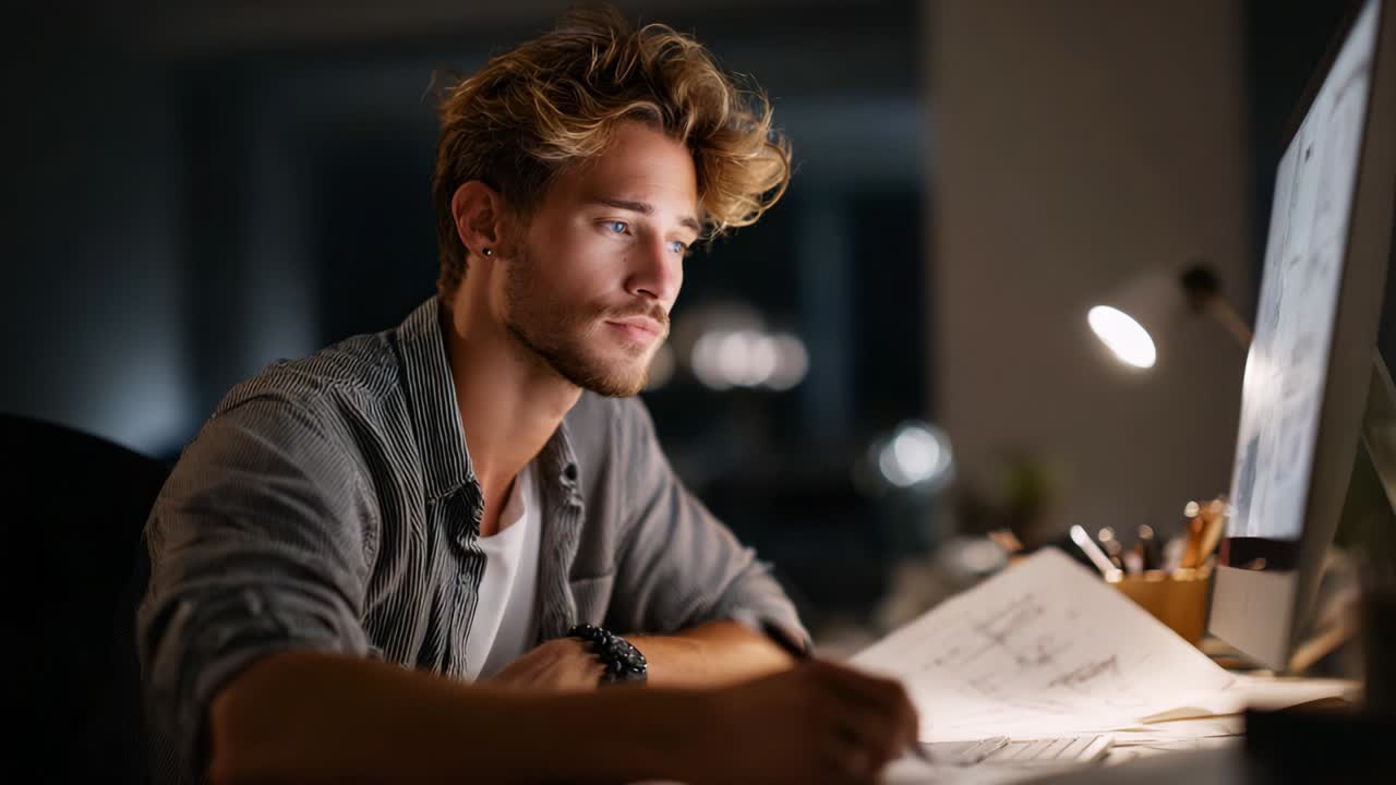 Focused Young Man Working Late at Night, Engaged in Creative Task with Papers and Computer, Capturing the Essence of Productivity and Inspiration During a Quiet, Contemplative Moment in a Home Office Setup
