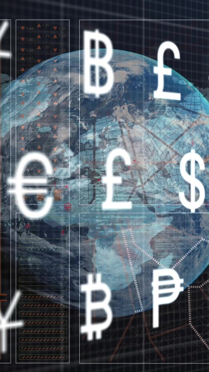 Animation of network of digital currency symbols and data processing over globe