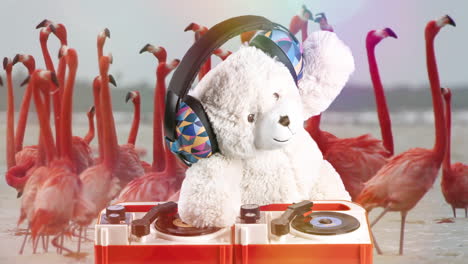 dj oso de peluche con auriculares, tocando discos entre los flamencos