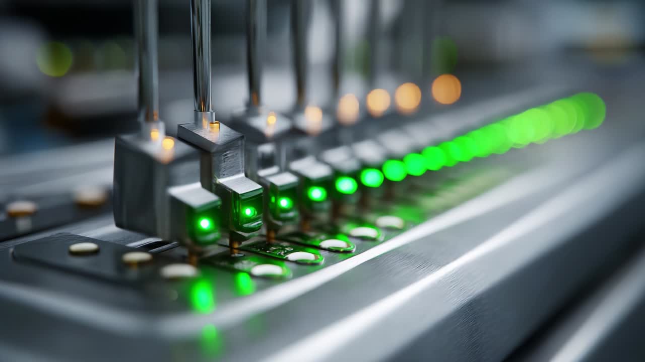 A Close-Up Perspective on a High-Tech Circuit Board Featuring a Series of Illuminated Connectors Highlighting the Energy Flow and Data Transmission Through Strategically Arranged Lights and Wires