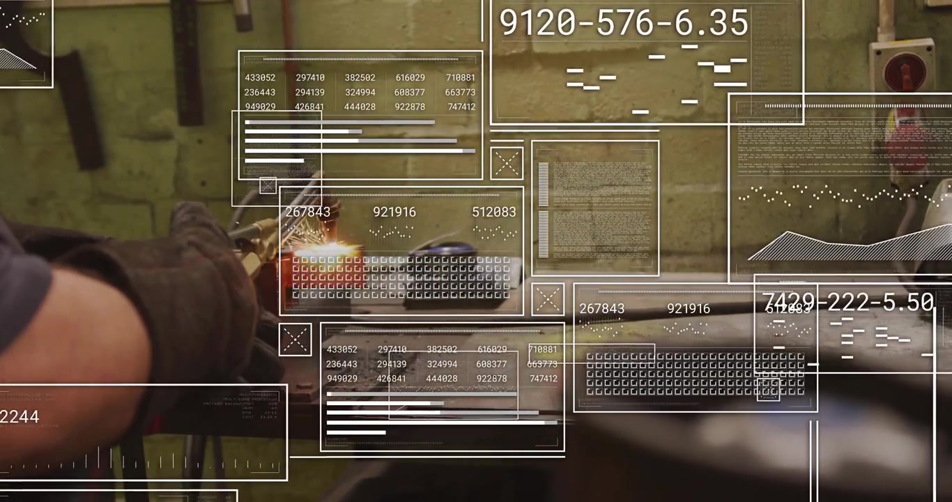 Metal fabricator igniting blowtorch, heating workpiece with industrial HUD overlay updating metrics