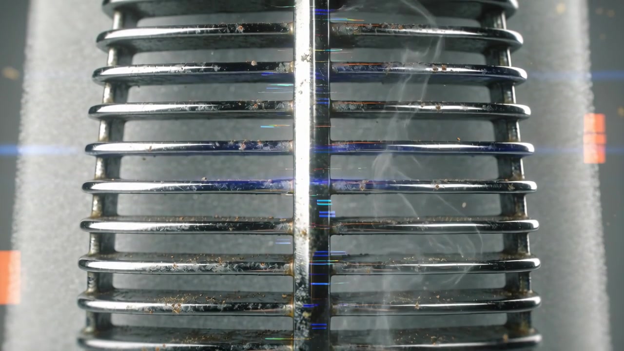Recording cam filming metal grille in lab vapor rising from housing and drifting over dirty slats