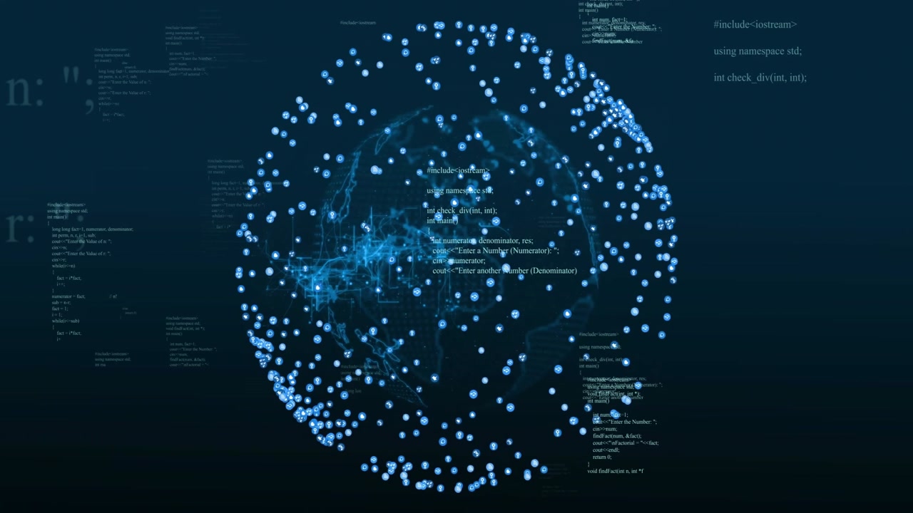 When playback starts globe rotating, code fragments drifting and nodes pulsing to visualize data
