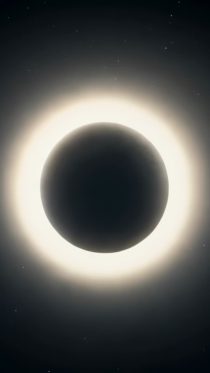 Vertical video: Growing central dark disk moving closer from orbit, revealing surface, ring, stars