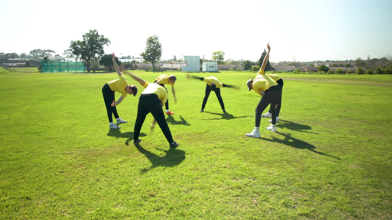 Team of multiracial male cricket players practicing cricket on pitch