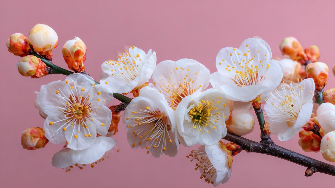 Stunning Blossoms: A Close-Up View of Delicate White Flowers Against a Pink Background, Showcasing Nature's Intricate Beauty and Seasonal Transition