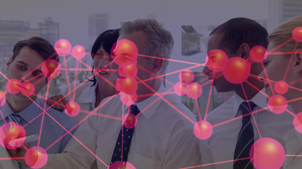 Senior executive raising stylus toward business data network overlay as team examines mobile phone