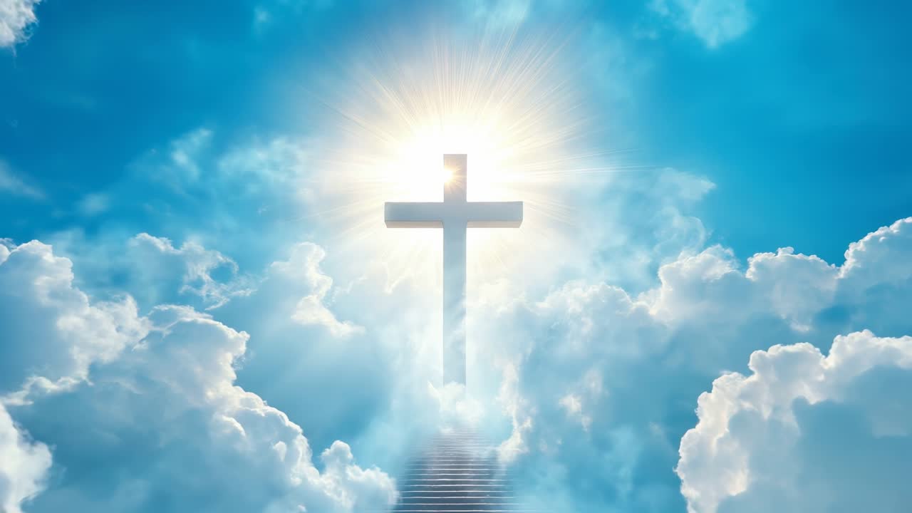A serene video of a glowing cross amidst bright clouds, symbolizing hope and spirituality