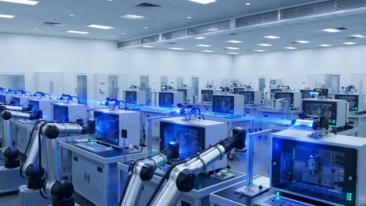 Automated Robotic Arms Working in a High-Tech Factory with Blue Light