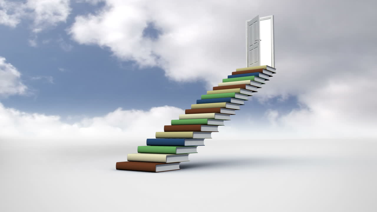 escaleras hechas de libros en el cielo nublado
