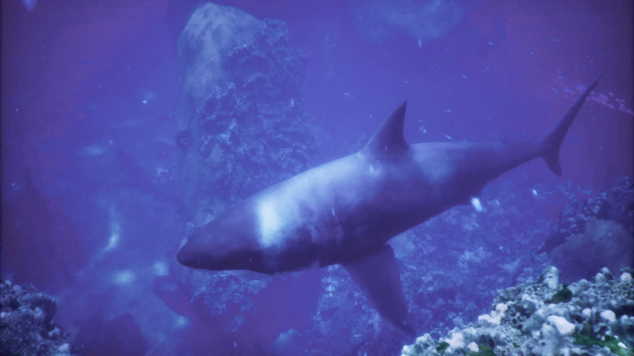 Shark swimming near coral reefs in clear blue water