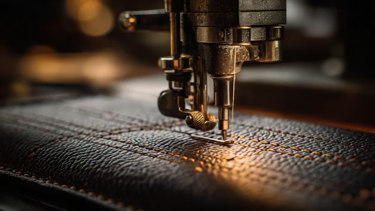 Intricate Craftsmanship in Leatherworking: A Close-Up View of a Stitching Machine at Work, Showcasing the Details of Artisan Techniques and the Beauty of Leather Design
