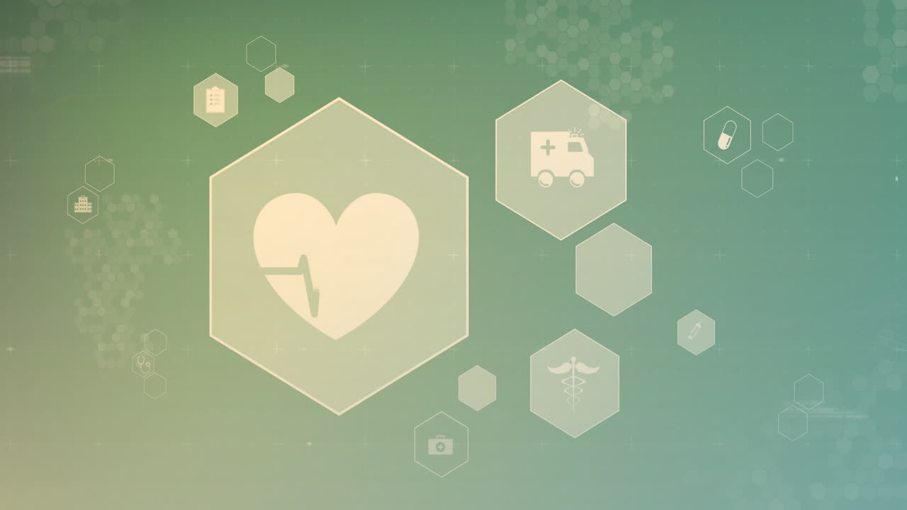 Heart and ambulance icons in animation over green hexagonal healthcare background