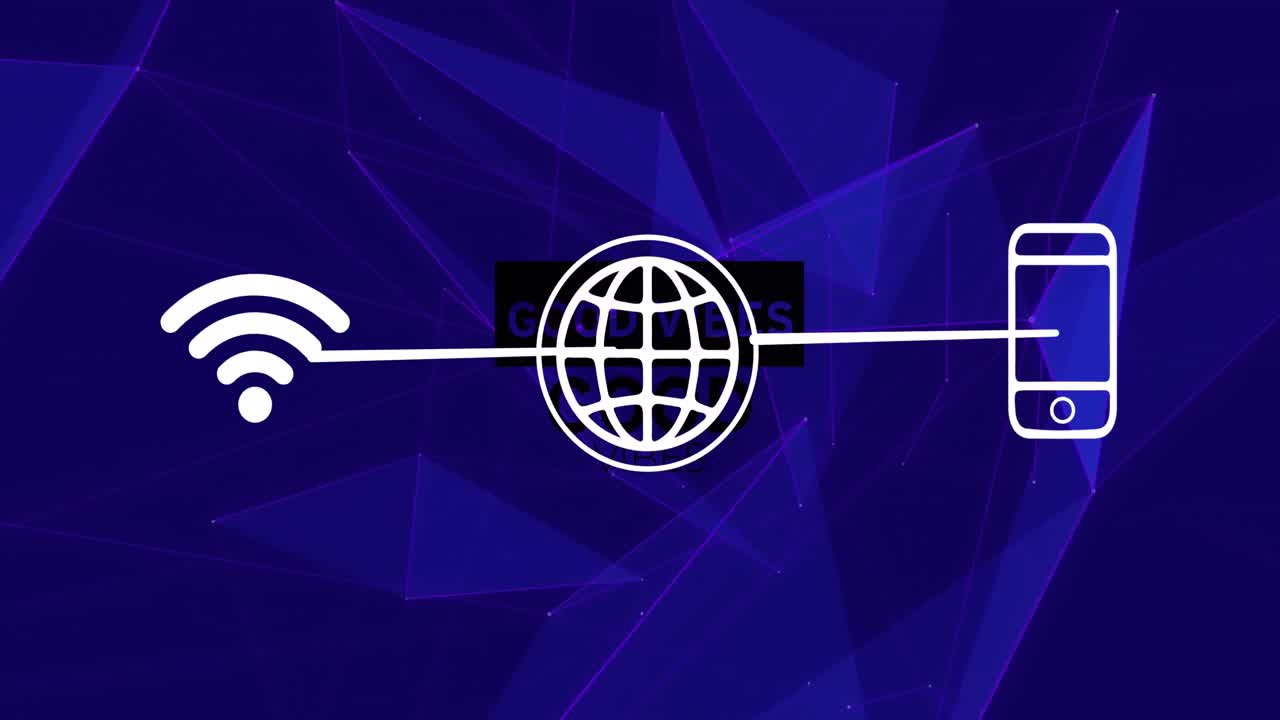 Animation of wife, globe, phone icons forming flowchart and good vibes text on blue background