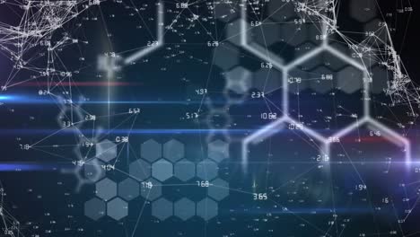 Animation-of-network-of-connections-and-dna-strand-and-medical-data-processing