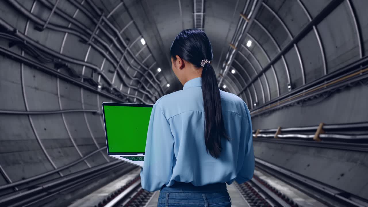 Back View Of Asian Female In Underground Subway Tunnel, Typing On Laptop'S Keyboard With Green Screen And Look At The Subway Tunnel