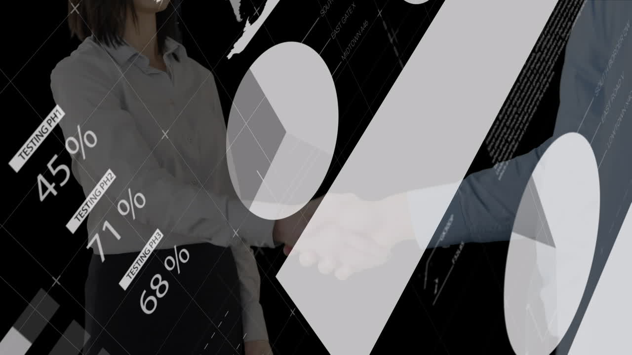 анимация финансовых данных над кавказской бизнесменкой и бизнесменом, пожимающими руки