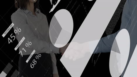 animación de datos financieros sobre una mujer de negocios caucásica y un hombre de negocios que se dan la mano