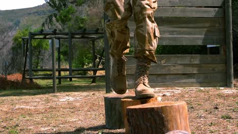 hombre militar caminando sobre el tronco de un árbol cortado