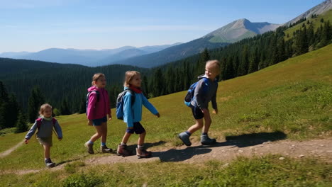 children hiking up a mountain trail on a sunny day