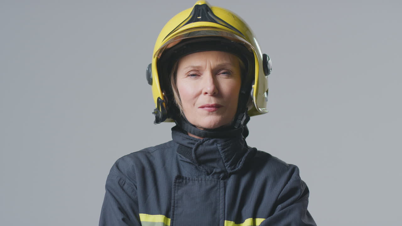 retrato de estudio de una bombera madura y seria con casco contra un fondo plano