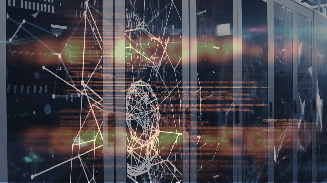 연결 네트워크의 애니메이션과 컴퓨터 서버를 통한 데이터 처리