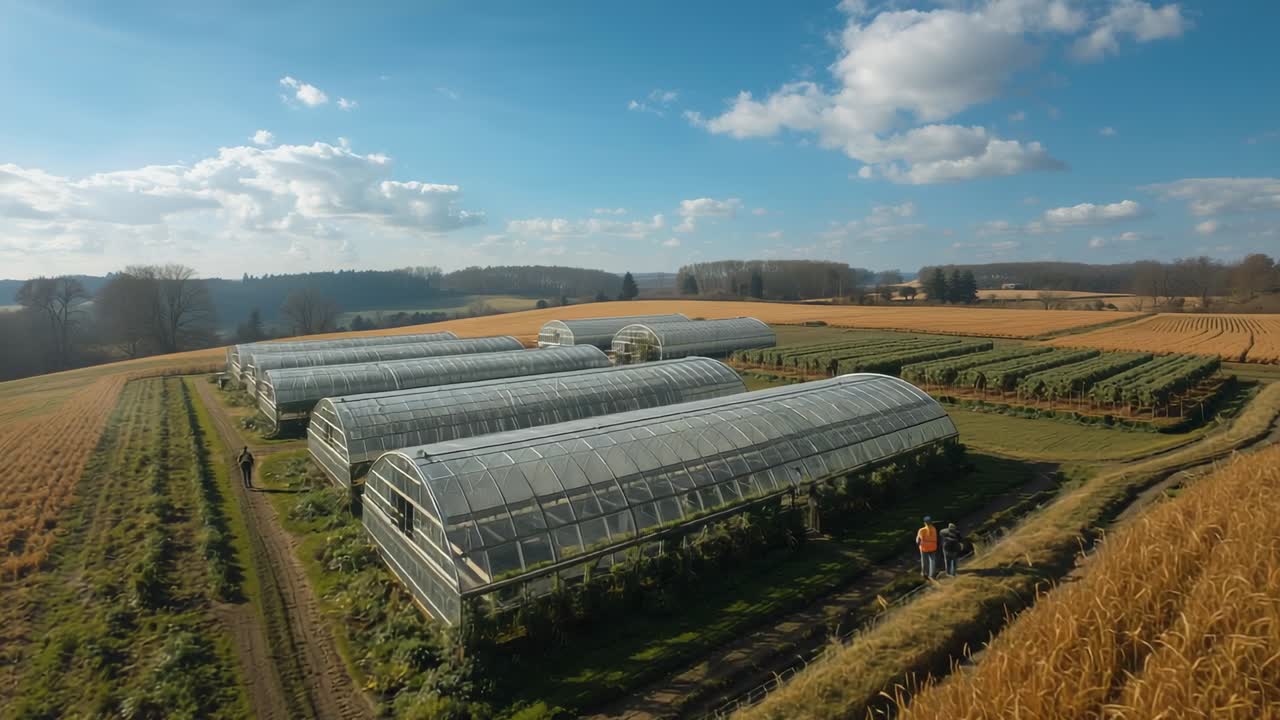 Revealing drone moving over polycarbonate greenhouses, inspecting vine rows with safety vest staff