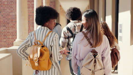 students, group and college friends walking