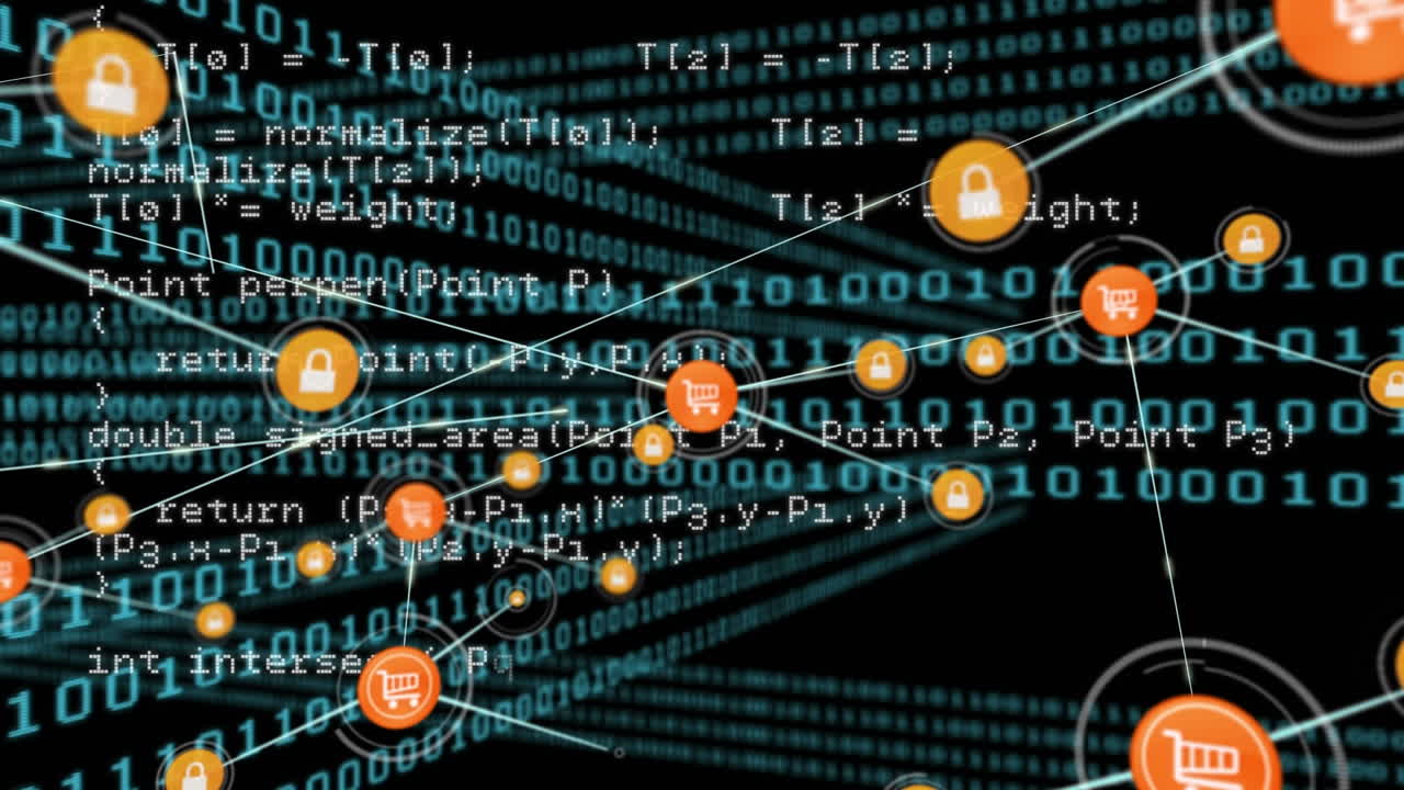 Animation of network of connection with icons over black background with data processing