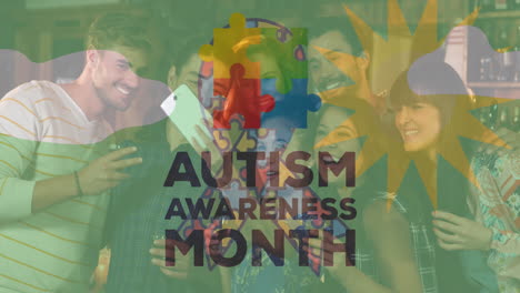 Animation-of-autism-awareness-month-text-and-puzzle-pieces-over-happy-diverse-friends