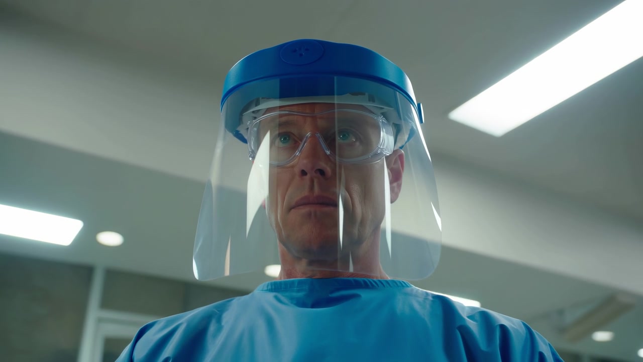 Vista en ángulo bajo, de primer plano, de un cirujano masculino serio centrado en el encuadre, vistiendo una bata azul, protector facial transparente y gafas protectoras dentro de un quirófano luminoso
