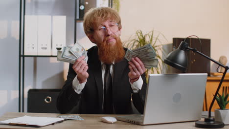 rich pleased boss businessman waving money dollar cash success career lottery winner income wealth