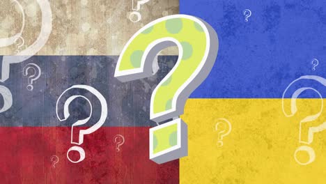Animation-Von-Fragezeichen,-Die-über-Der-Flagge-Russlands-Und-Der-Ukraine-Schweben