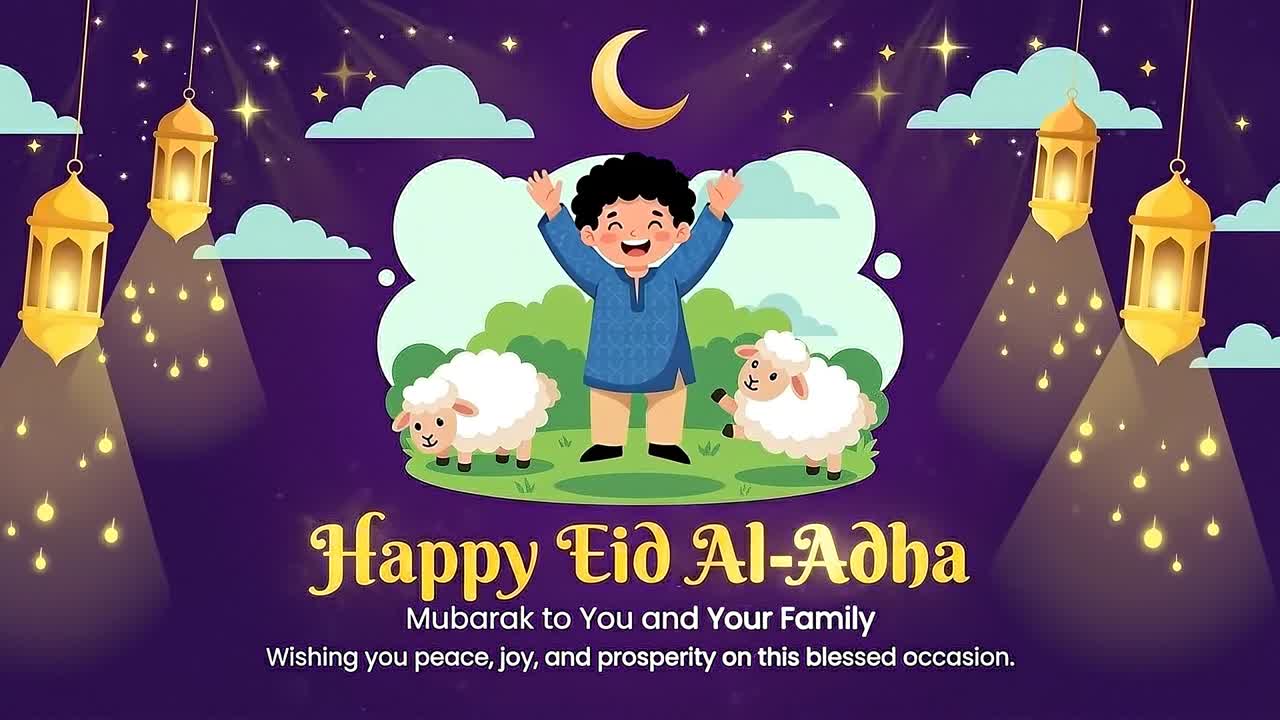 Happy eid al adha greeting banner with child raising hands sheep lanterns crescent moon and purple night festive background