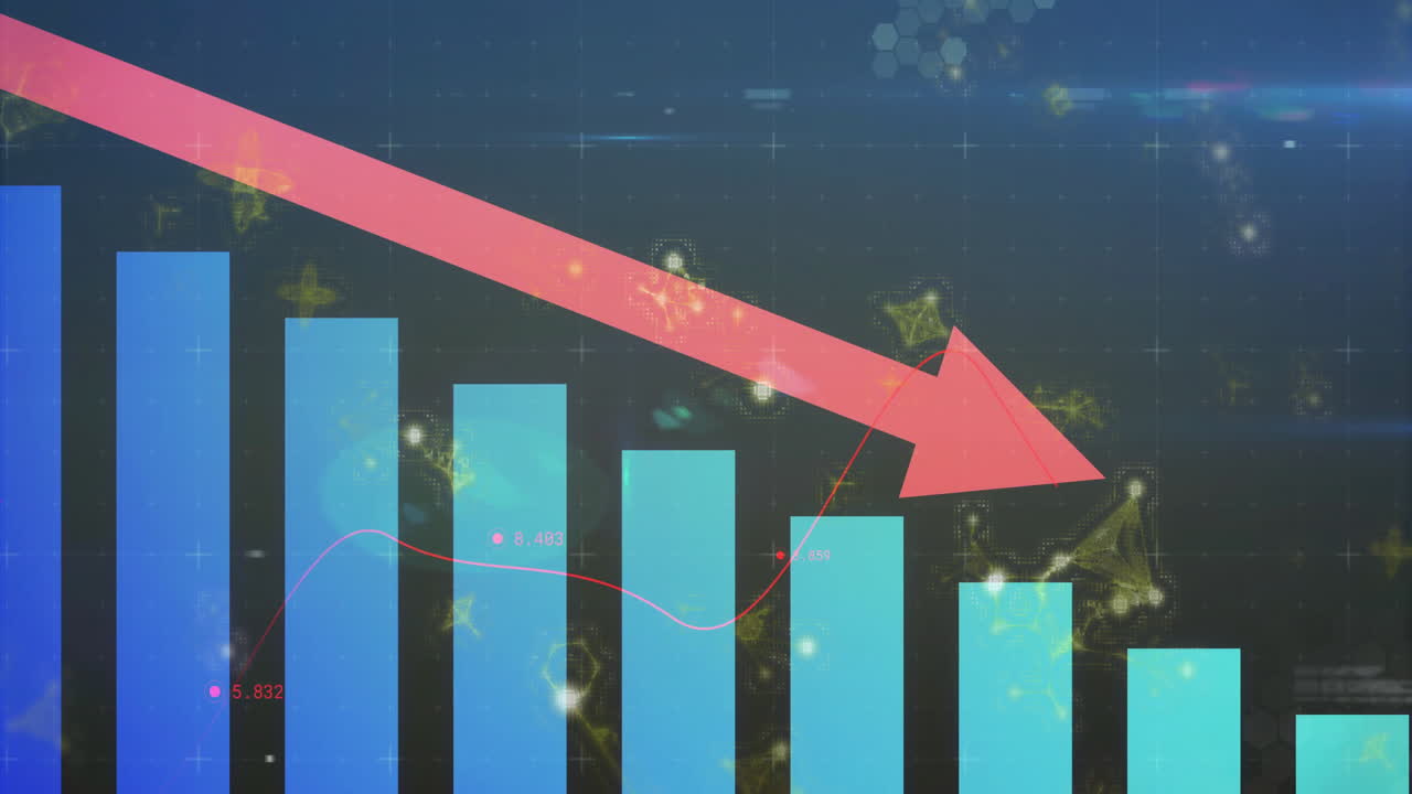 Abstract data visualization showing descending gradient blue bars with red trend line and red arrow