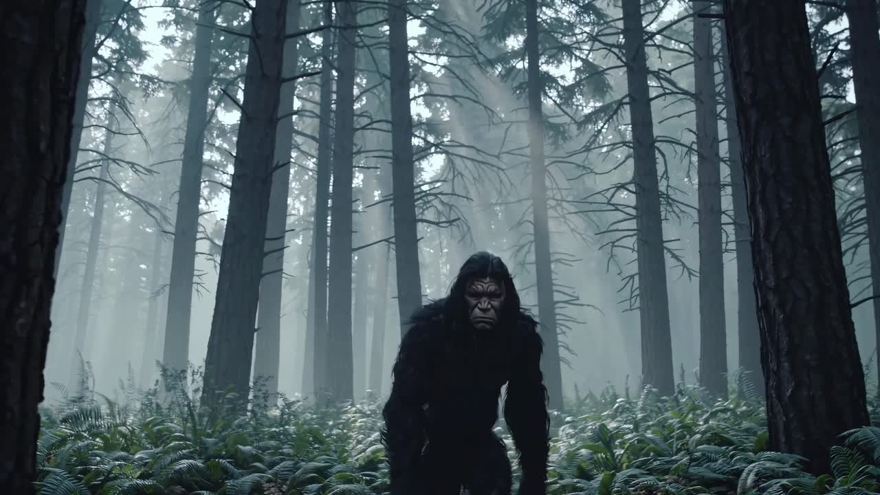 A mysterious creature in a dense forest, captured from a low-angle, creating a suspenseful video