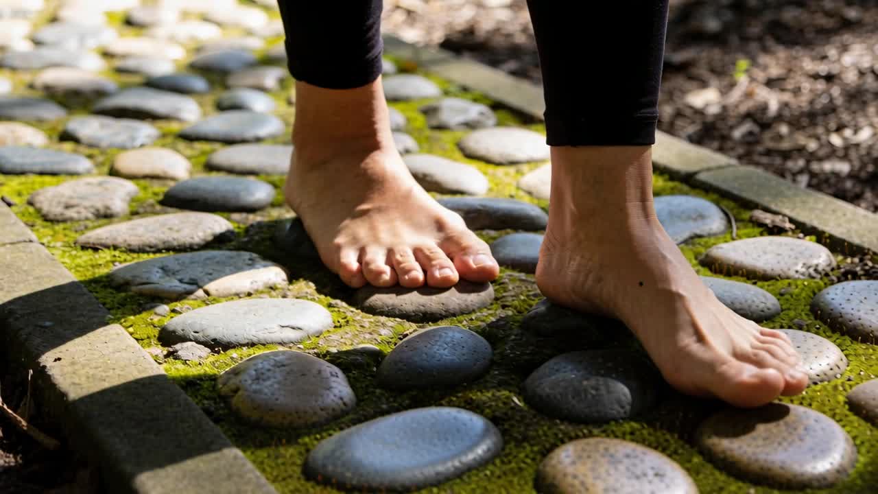 Stepping barefoot person in black leggings pressing forefoot, toes on stones navigating mossy path