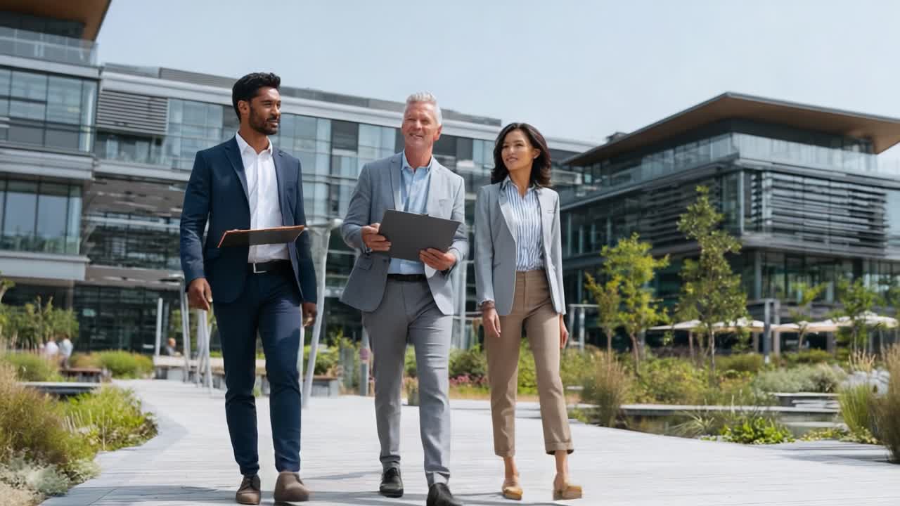 Group of Professionals Walking Together in an Outdoor Business Environment, Engaged in Active Discussion with Laptops and Tablets in Hand, Enjoying a Productive Day