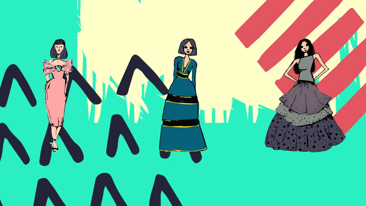 animación de dibujos de moda de vestidos de mujeres sobre formas abstractas sobre fondo azul
