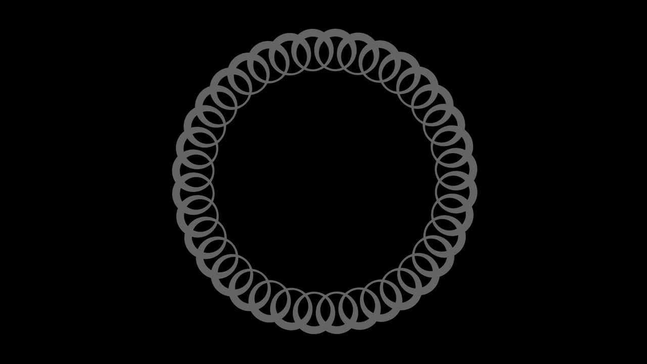 16:9 영상 형식으로 풀 스크린에서 중앙으로 사라지는 크기를 줄여 시계 방향으로 회전하는 스트로보스코픽 및 최면 효과를 가진 흑백 그래픽 객체