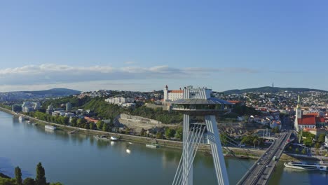 Aerial-view-of-the-Bratislava-cityscape-in-summer-with-a-famous-UFO-tower-and-restaurant-above-SNP-bridge