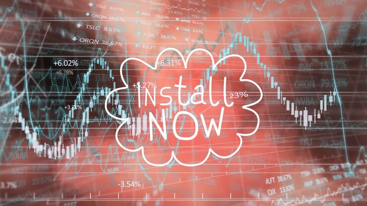 Animazione del testo 'installa ora' e dell'elaborazione di dati finanziari su sfondo scuro