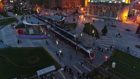 tram mosque and people aerial view 2