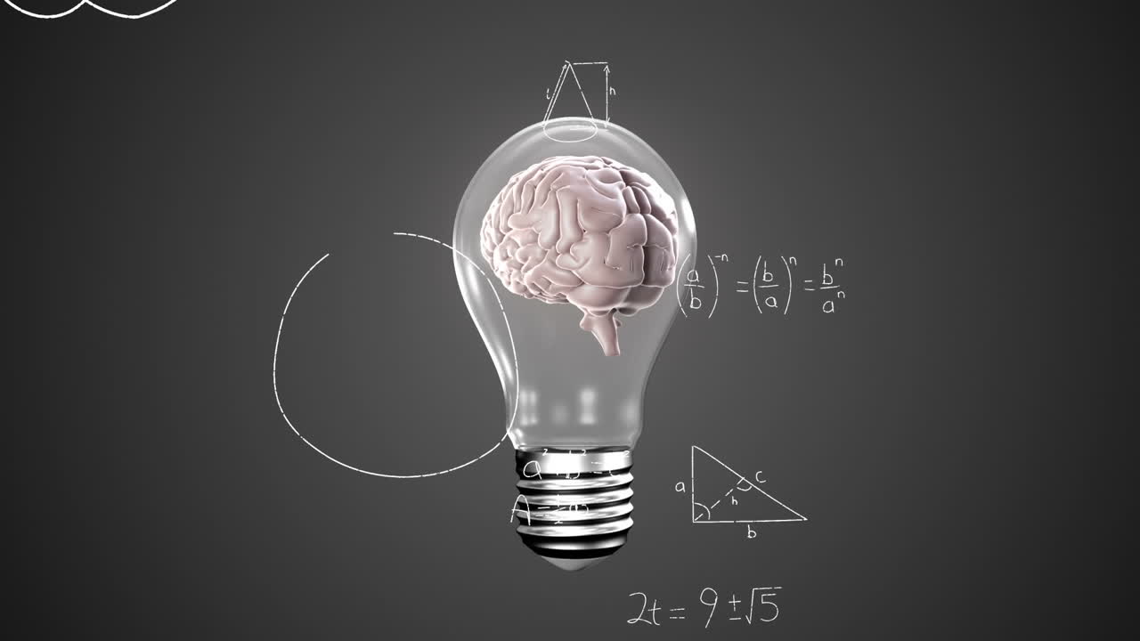 Animation of human brain in light bulb over mathematical equation and diagram on gray background