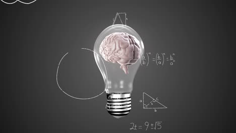 Animation of human brain in light bulb over mathematical equation and diagram on gray background