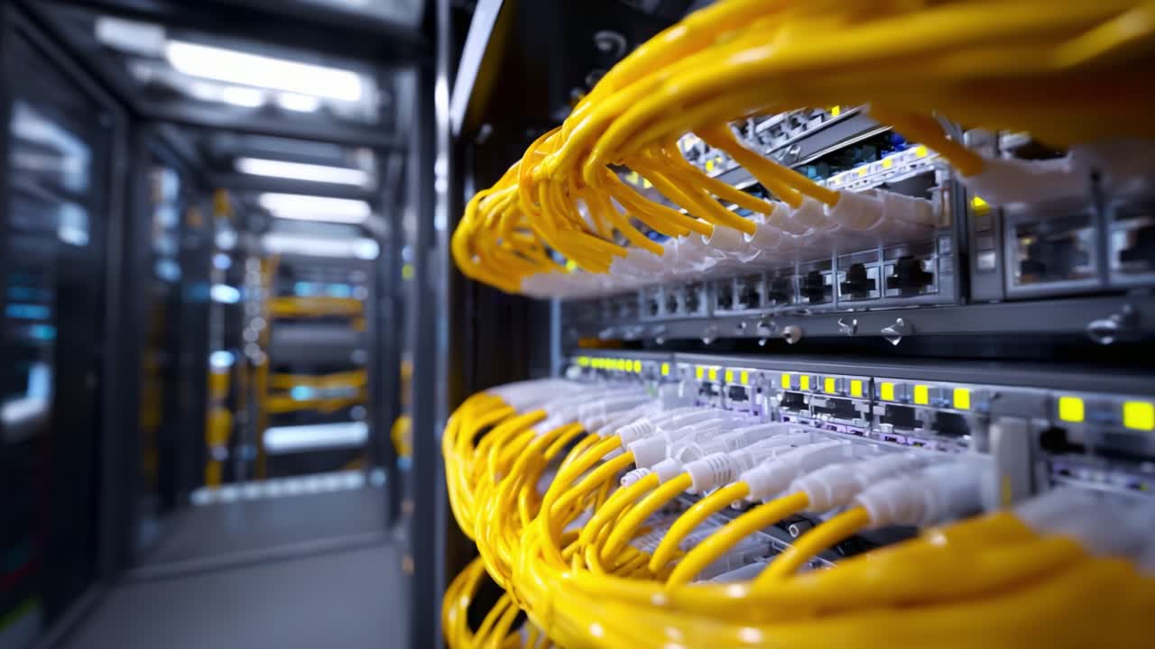 Close-up of a Data Center Network Rack with Yellow Ethernet Cables Connecting Various Servers for High-Speed Data Transmission and Efficient Network Performance