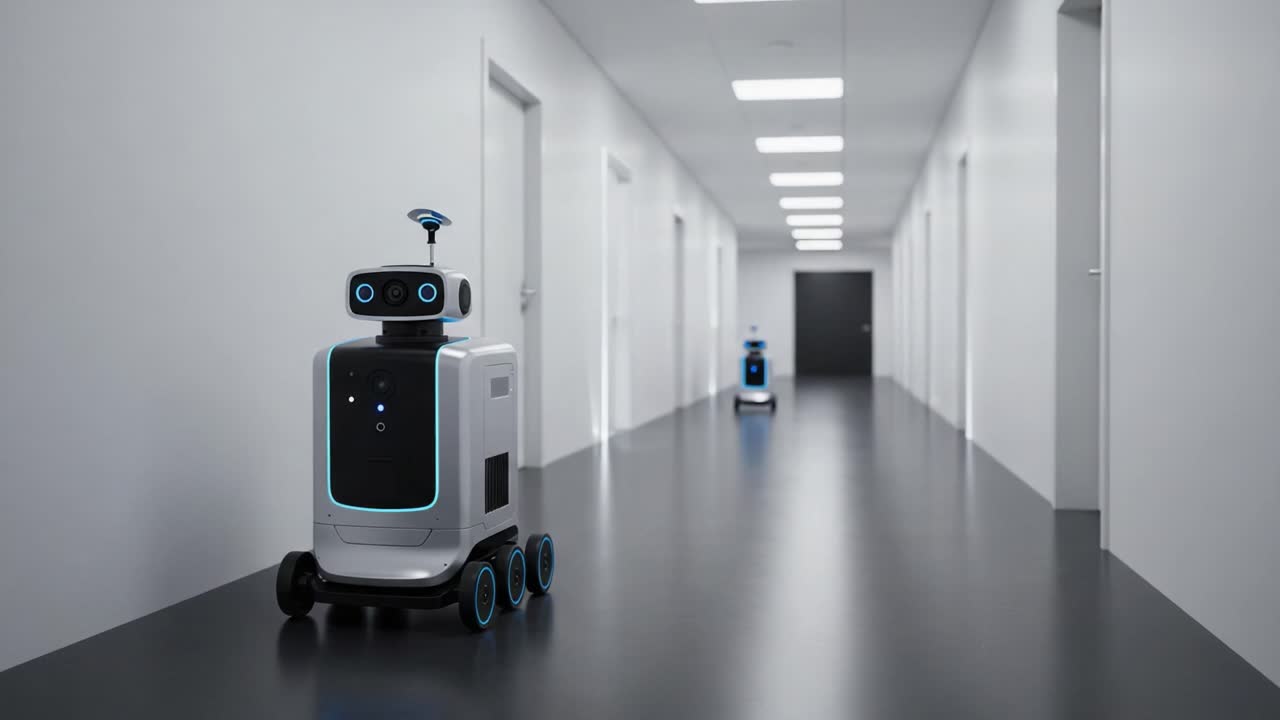 Exploring the Future of Automation: Two Autonomous Robots Navigating a Modern Corridor with Advanced Technology in a Sleek, Minimalist Environment